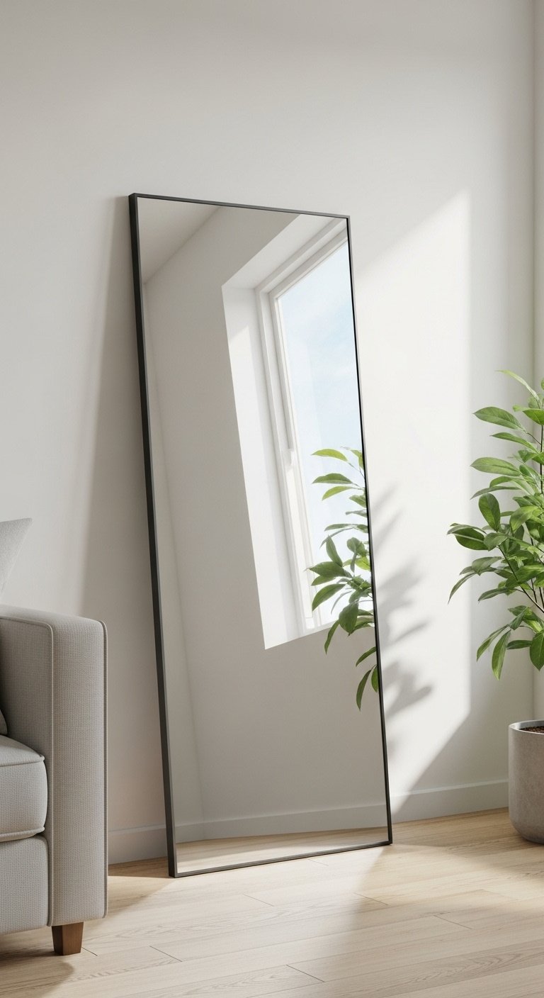 Large elegant floor mirror with a thin black frame reflecting a bright window in a small living area
