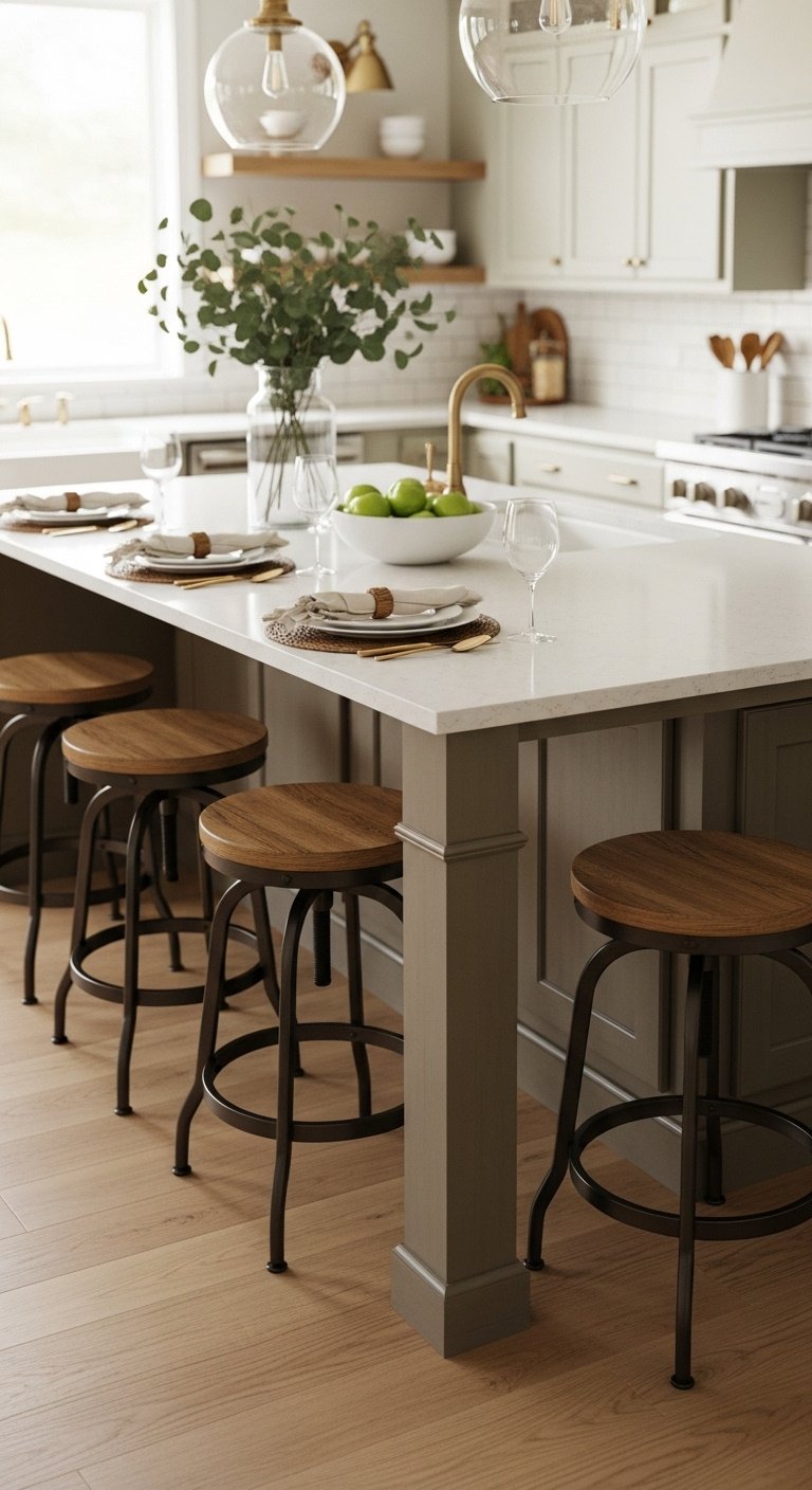 Large farmhouse kitchen island with white quartz countertop and four rustic wooden and metal bar stools on light oak hardwood floor