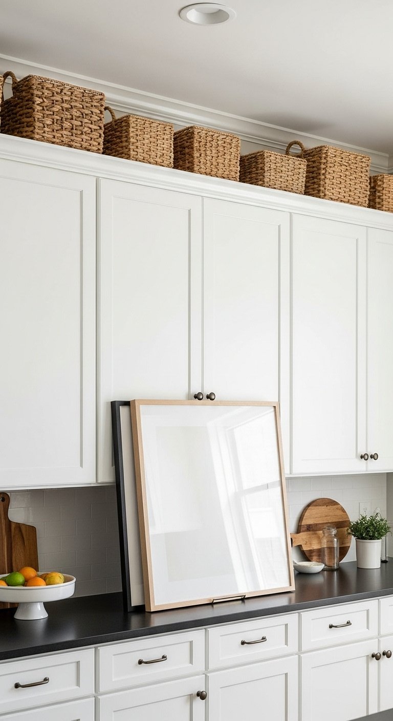 Large framed artwork leaning on top of white kitchen cabinets with museum putty for stability and a simple frame