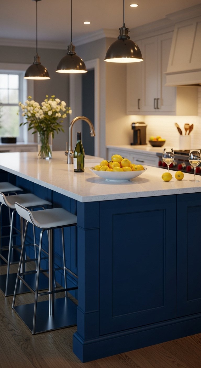 Large kitchen island painted in deep sapphire blue with white quartz countertop modern bar stools and fresh lemons under pendant lights