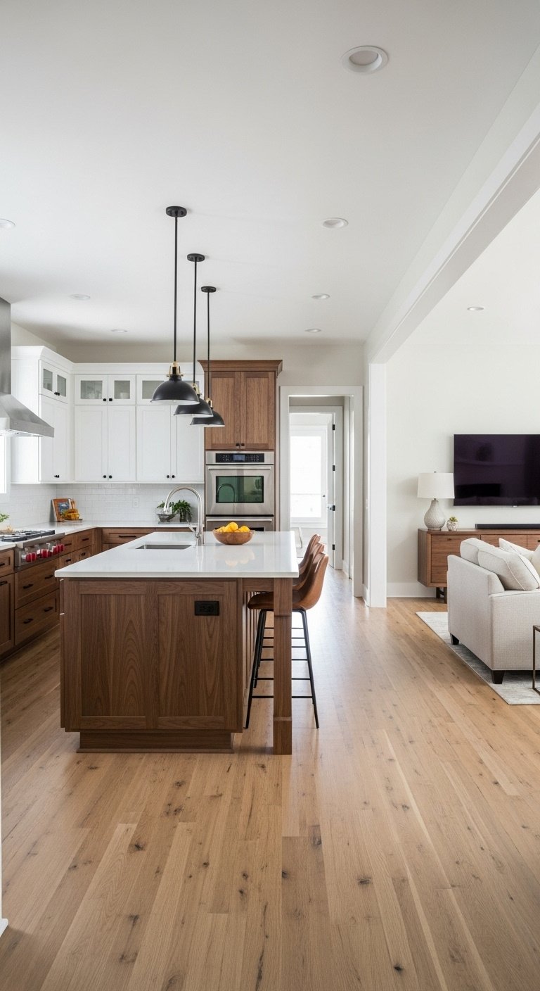 Large kitchen island with seating and prep sink in an open concept layout with living area.