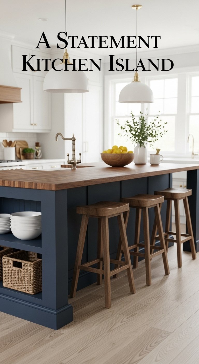 Large modern farmhouse kitchen island with butcher block top navy blue base open shelving and woven baskets with rustic stools