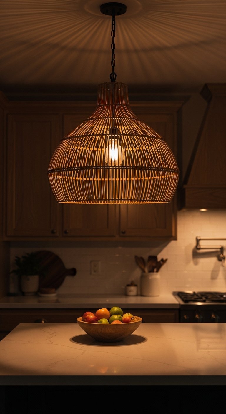Large rattan pendant light over kitchen island illuminating natural oak cabinets and fruit bowl