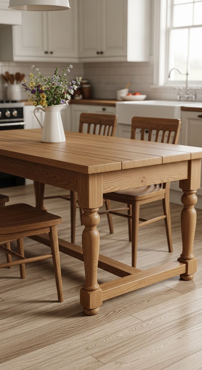 Large rectangular farmhouse table made from honey-toned solid oak with plank-style top and turned legs on hardwood floor