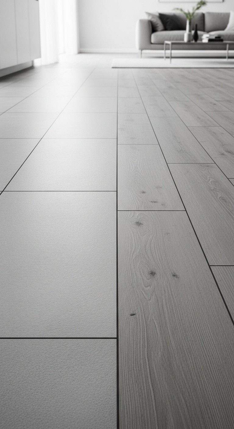 Large rectangular light grey tiles with dark grout lines perfectly aligned with grey-washed oak flooring for a continuous surface