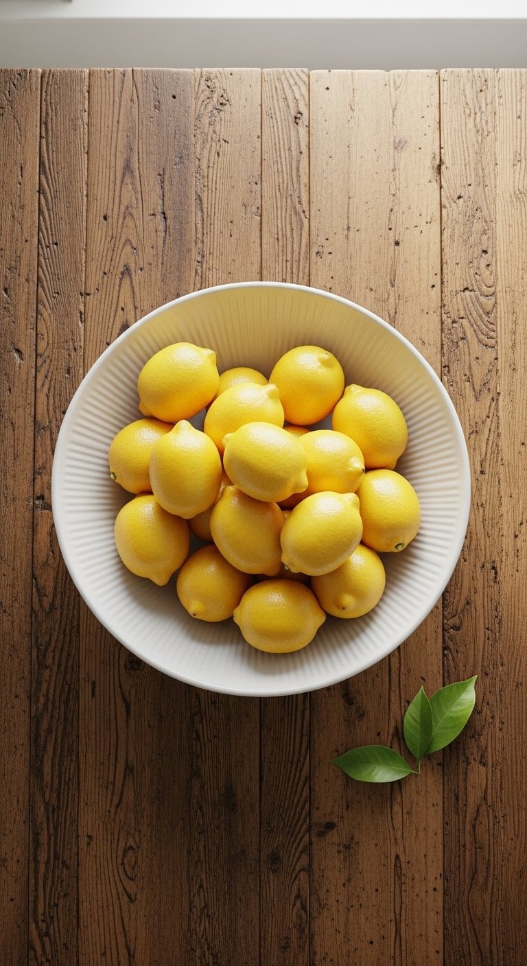 Large white ceramic bowl filled with vibrant fresh lemons as a centerpiece on a rustic reclaimed wood kitchen table