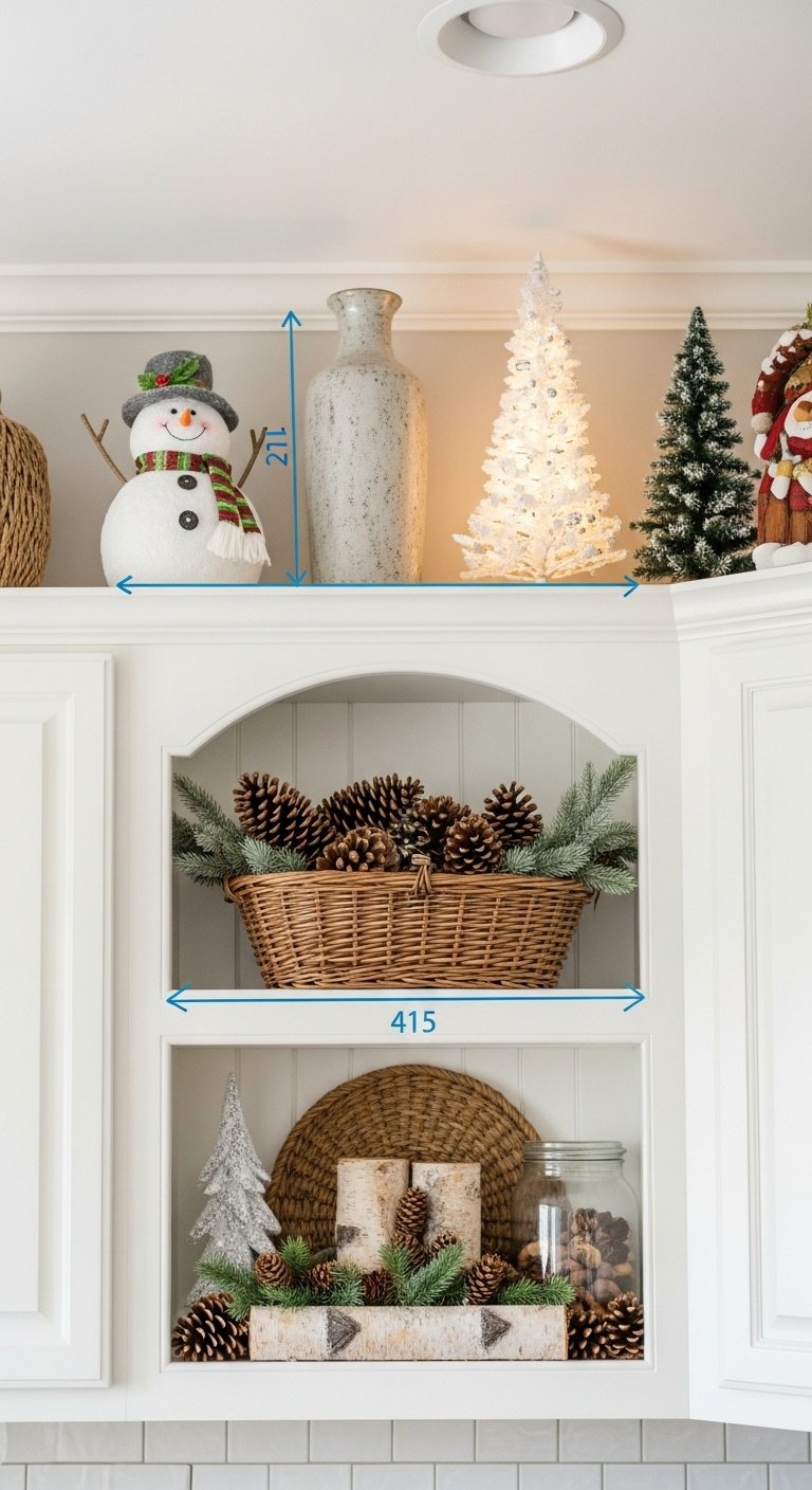 Large wicker basket filled with pinecones and greenery above kitchen cabinets as a Christmas focal point