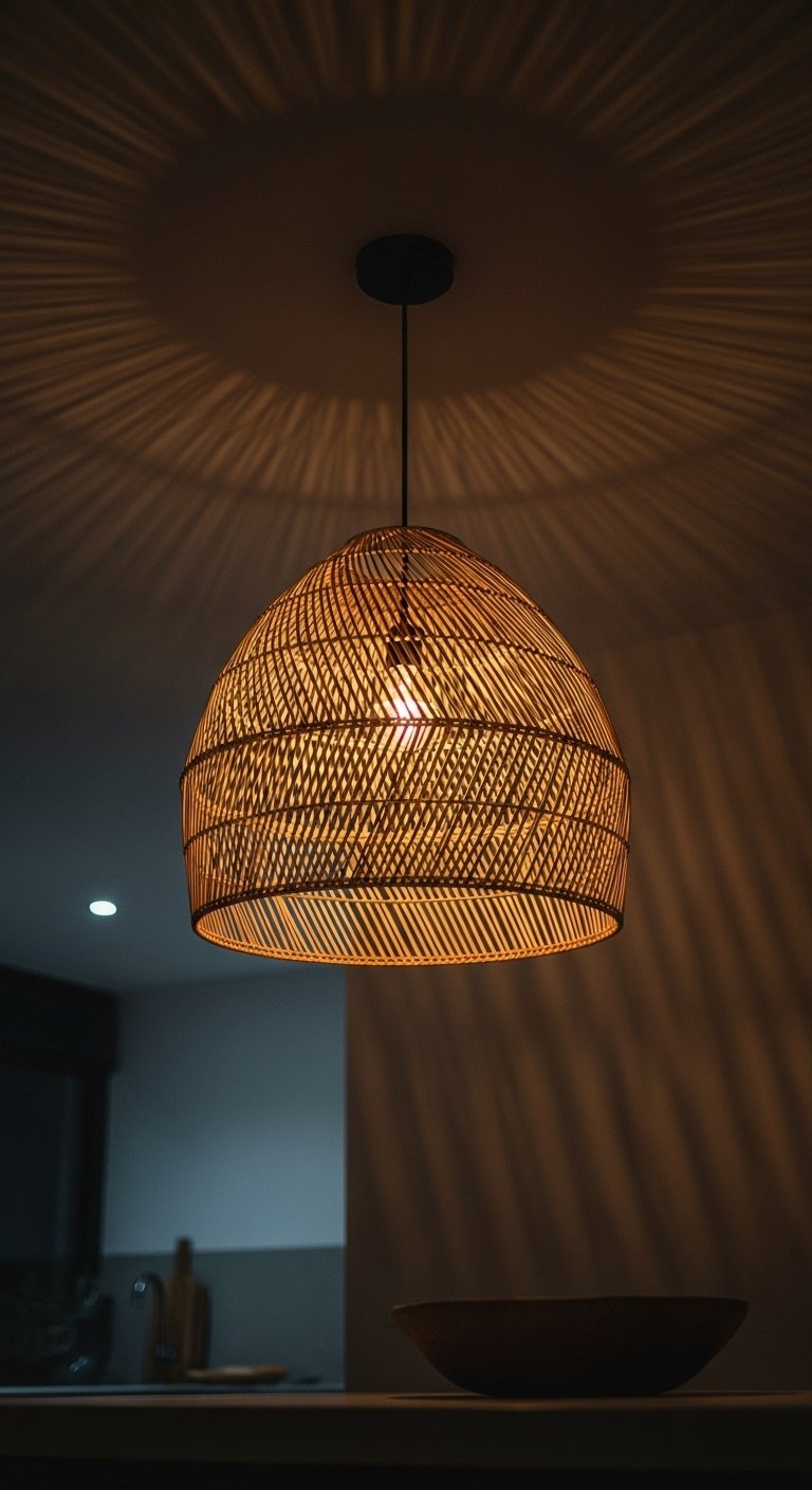 Large woven rattan pendant light hanging over a minimalist kitchen island, casting warm glow, cozy moody atmosphere, wooden bowl edge