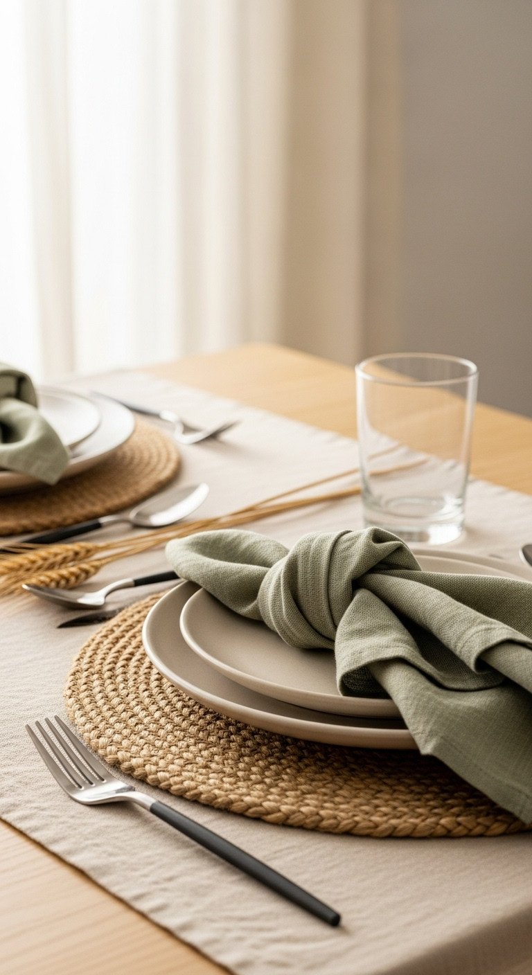 Layered Thanksgiving place setting with woven jute placemat beige linen tablecloth ceramic plate and sage green napkin