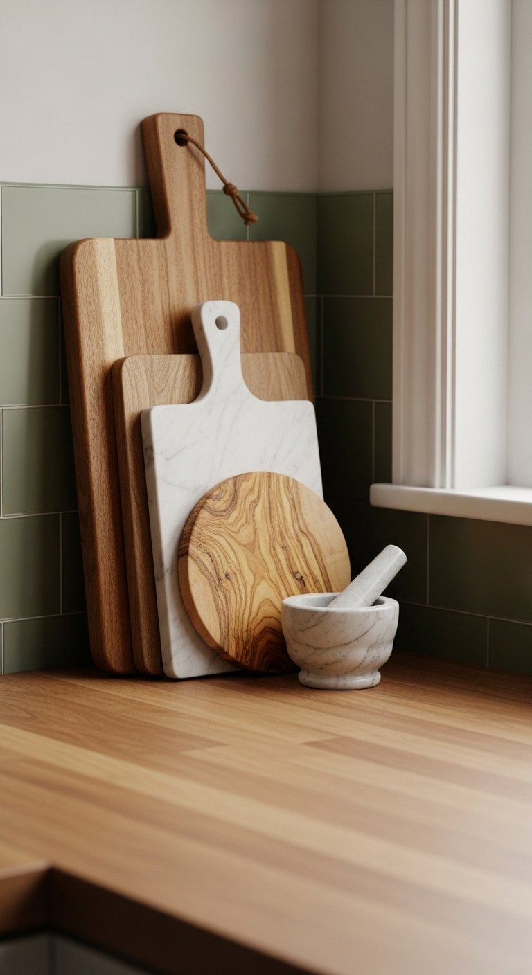 Layered acacia wood marble and olive wood cutting boards on butcher block counter with sage green backsplash