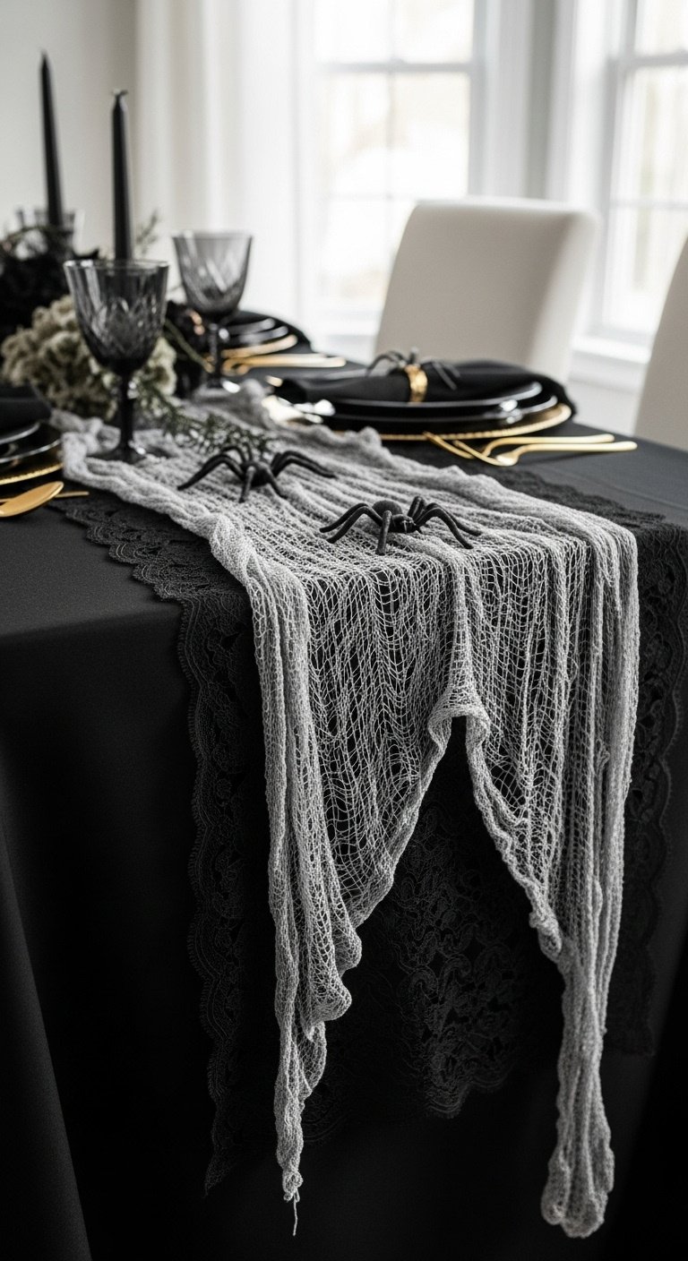 Layered black tablecloth with lace runner and creepy cloth, black charger plate, gold cutlery, and faux spiders