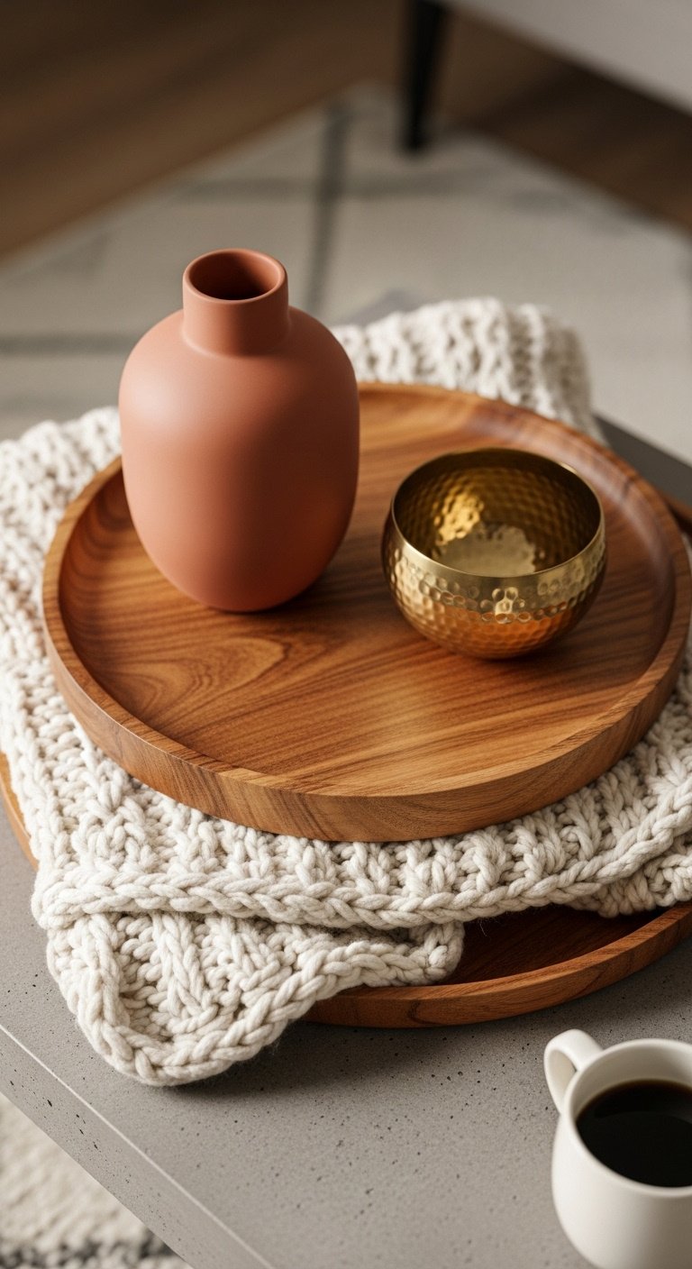 Layered coffee table scene with knit blanket wood tray terracotta vase and hammered gold bowl