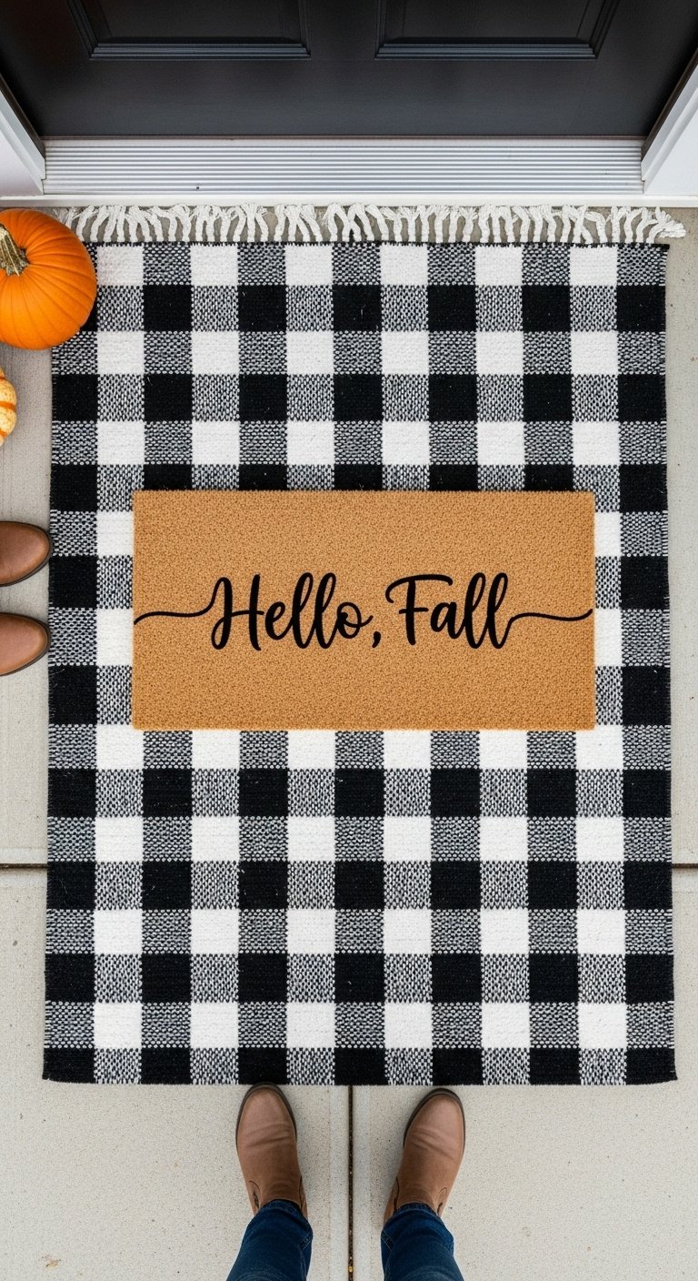 Layered doormat setup with buffalo check rug and Hello Fall coir mat with boots and pumpkin from top down