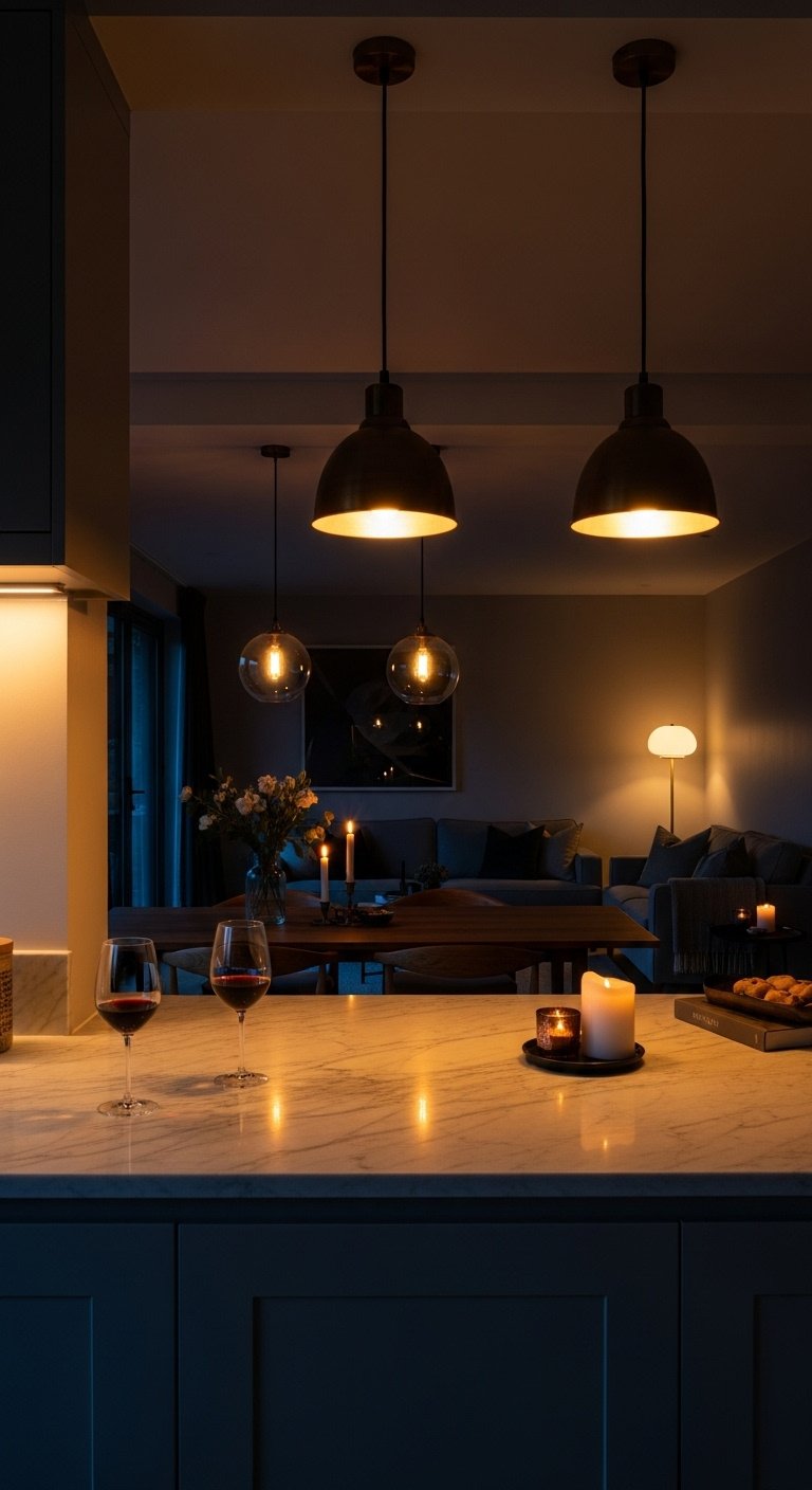 Layered lighting to define zones in open plan kitchen dining living with under-cabinet LEDs brass pendant lights and floor lamp