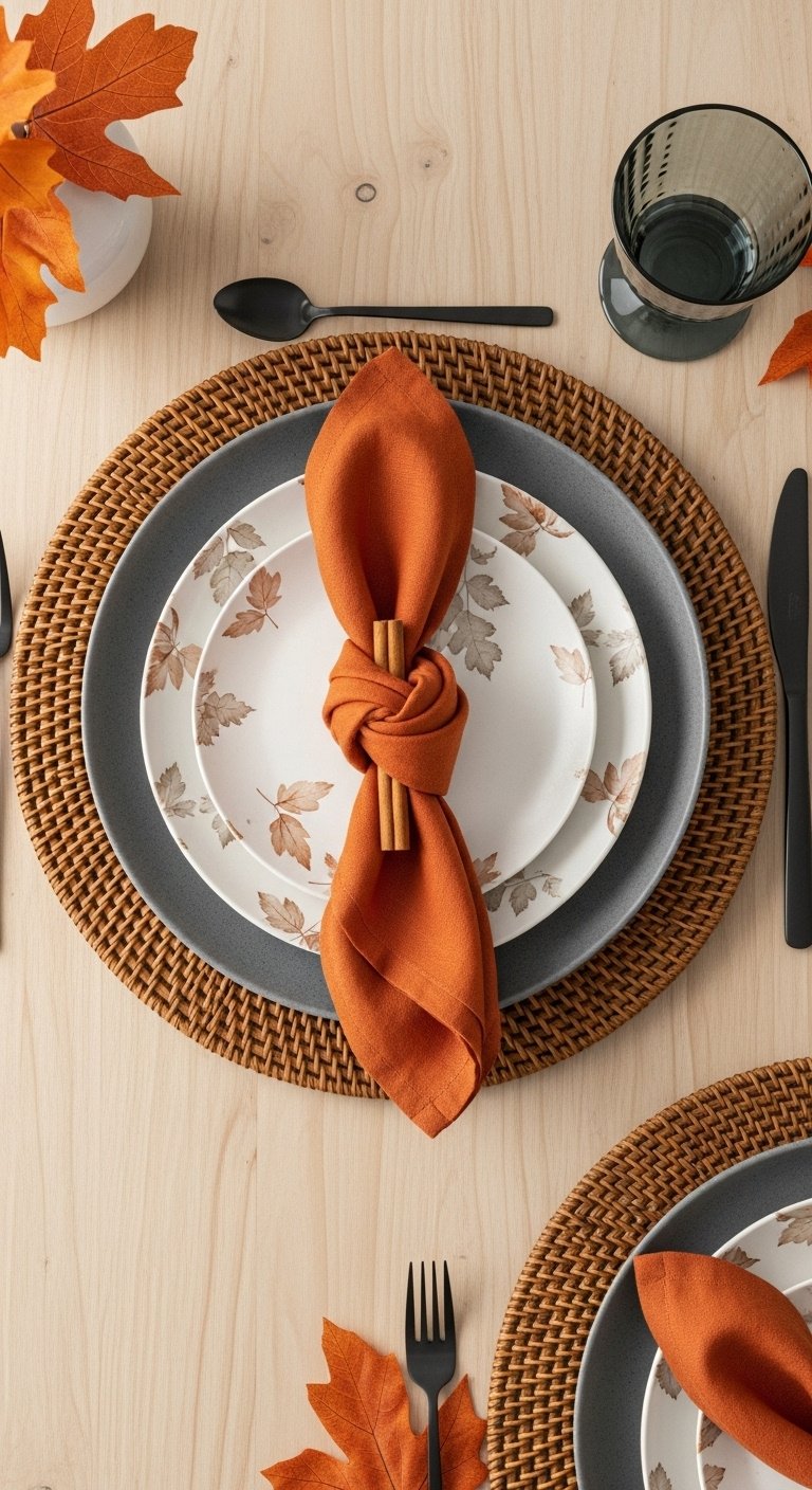 Layered textured fall place setting with a woven charger charcoal dinner plate autumn leaf salad plate burnt orange napkin and cinnamon stick