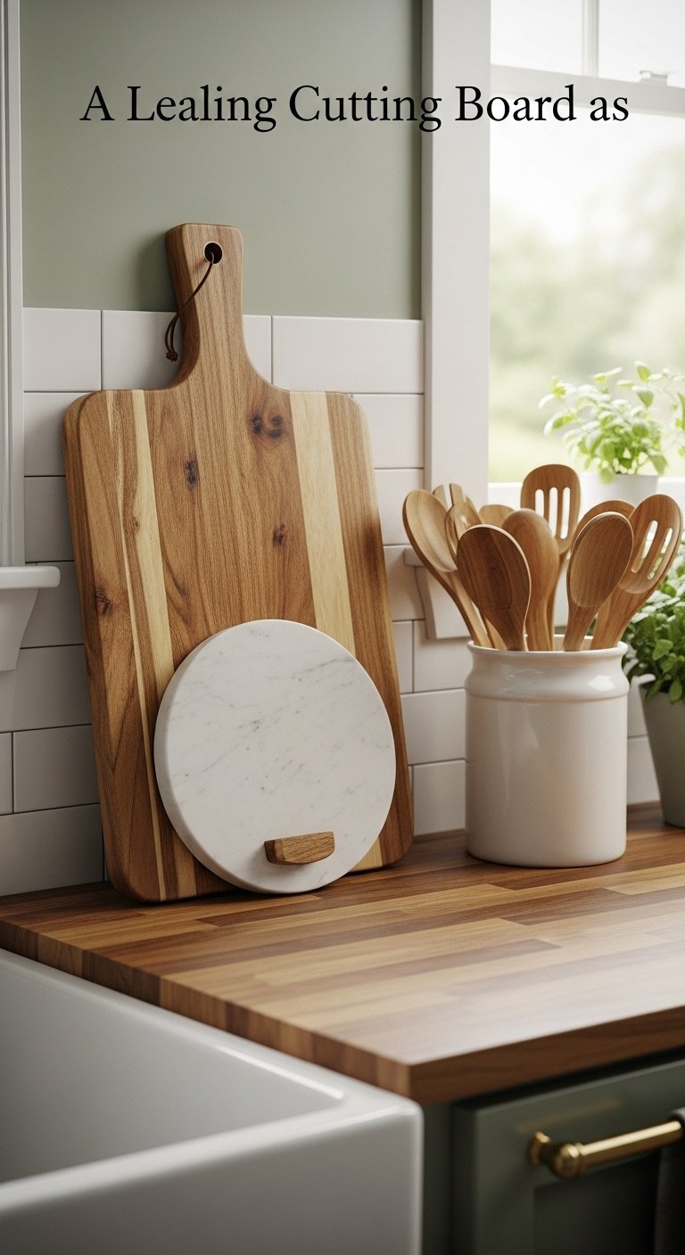 Leaning cutting board as decor rustic acacia wood and white marble against subway tile backsplash