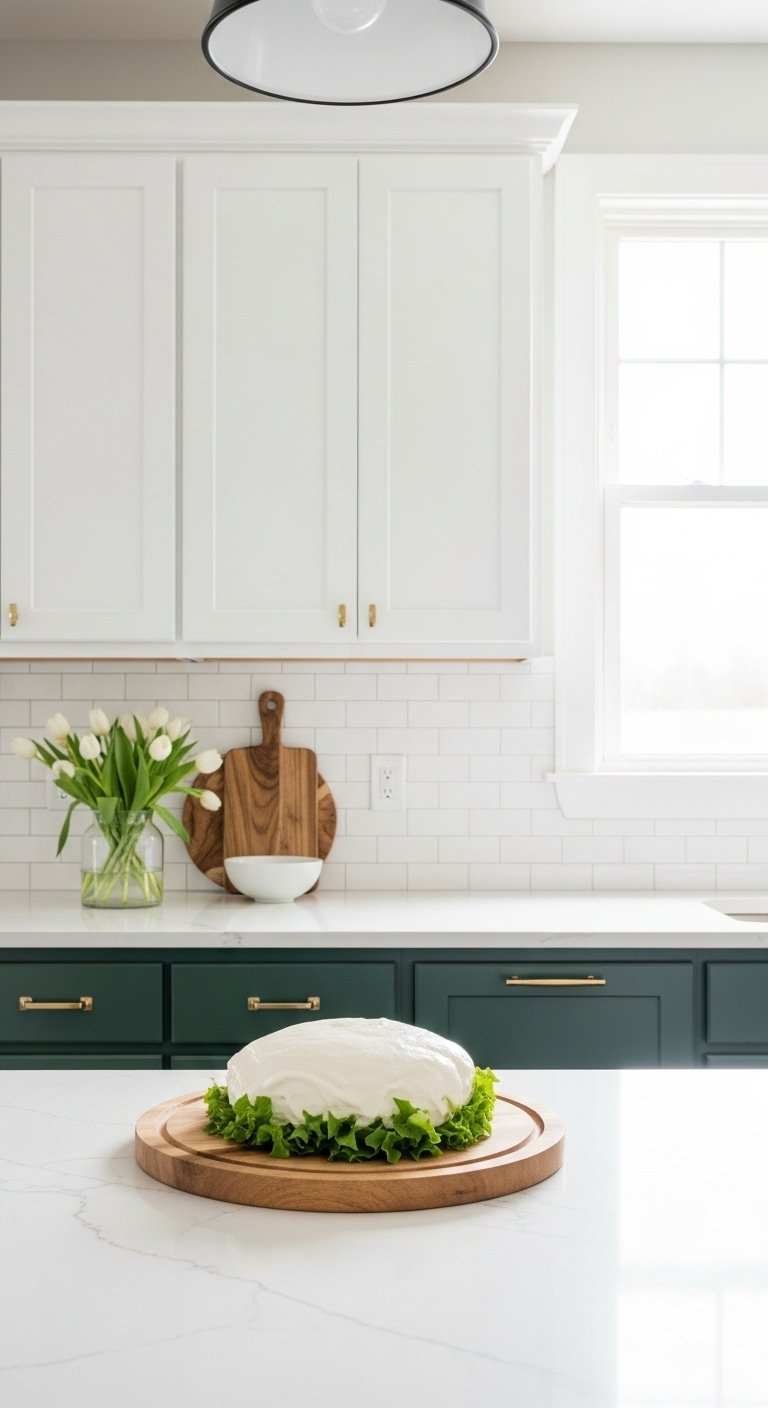Light airy kitchen dark green lower cabinets crisp white uppers white quartz countertop white subway tile white tulips wooden cutting board