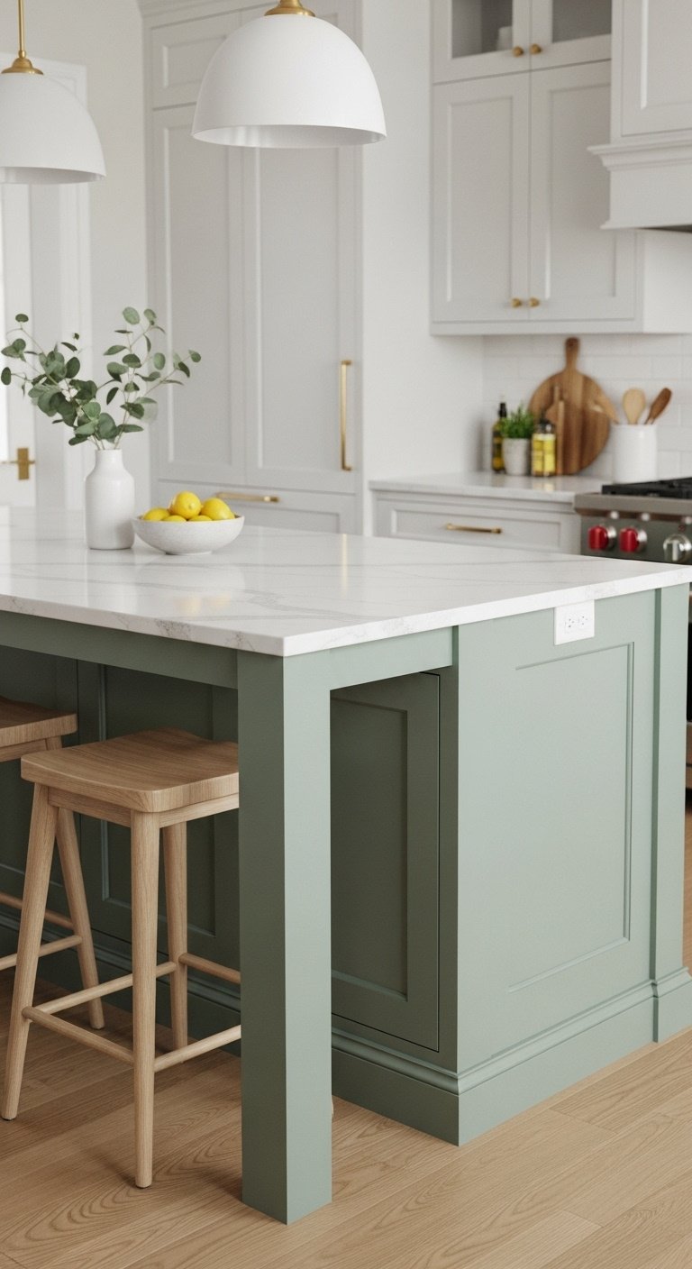 Light and airy sage green kitchen island with white quartz countertop wood stools and white shaker cabinets