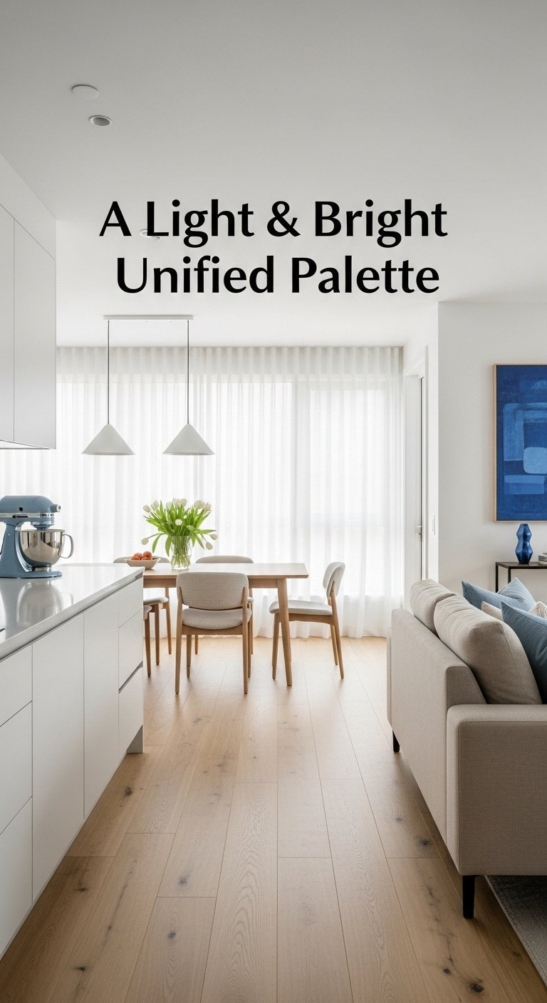 Light and bright unified color palette in open plan kitchen dining living with creamy white walls light oak floors and beige sofa