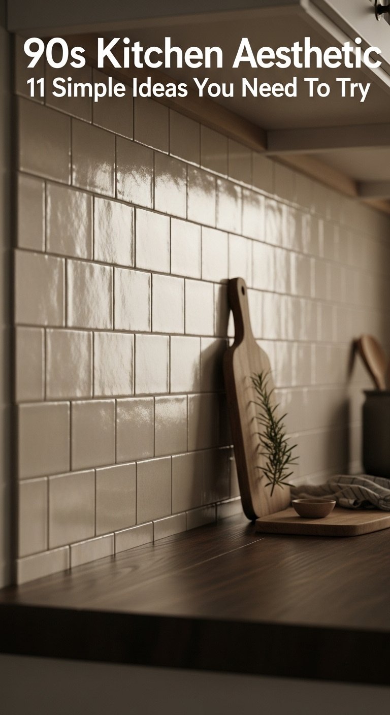 Light beige subway tile backsplash in an offset pattern with a wooden cutting board and rosemary on a blurred kitchen background