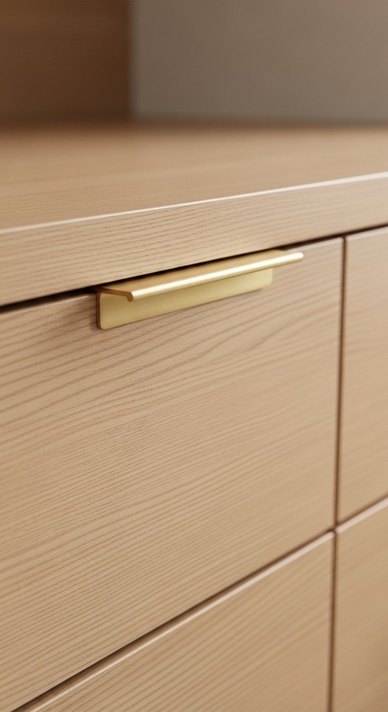 Light birch flat-panel cabinet drawer with slim brushed brass tab pull and subtle wood grain