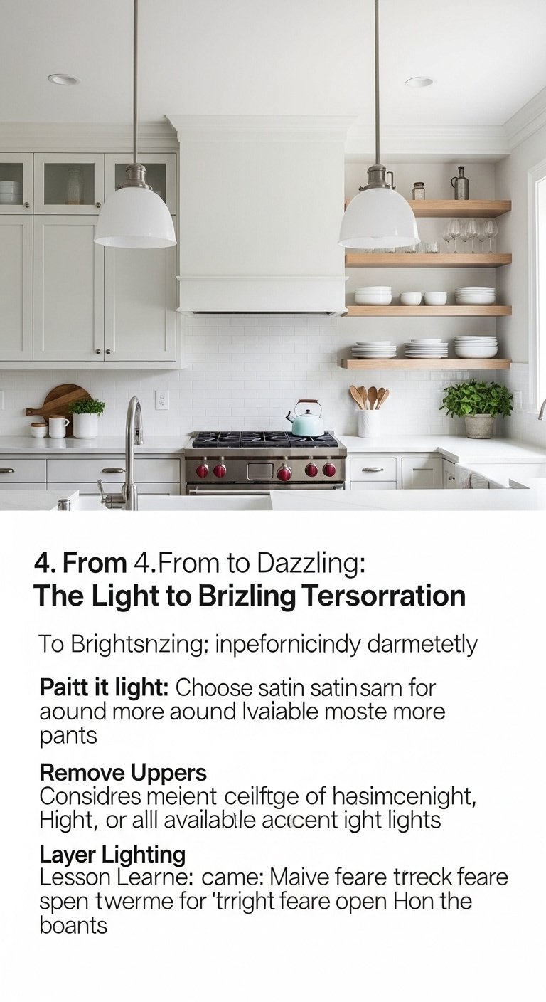 Light bright and airy kitchen with white cabinets glossy backsplash open shelving and layered lighting