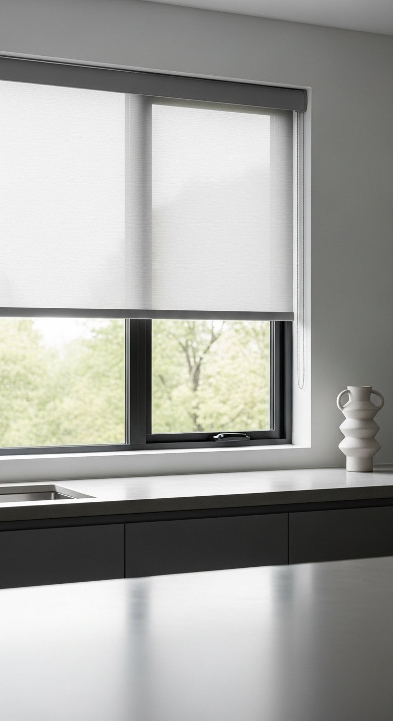 Light-filtering solar shade partially rolled down over kitchen window diffusing sunlight on dark gray cabinets