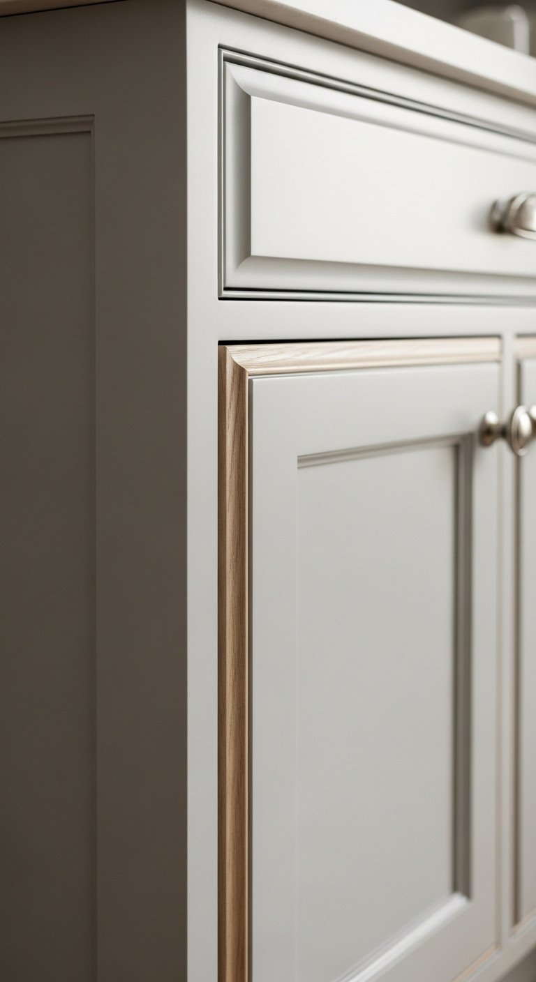 Light gray kitchen cabinet with added wood trim creating a shaker style and polished nickel knob