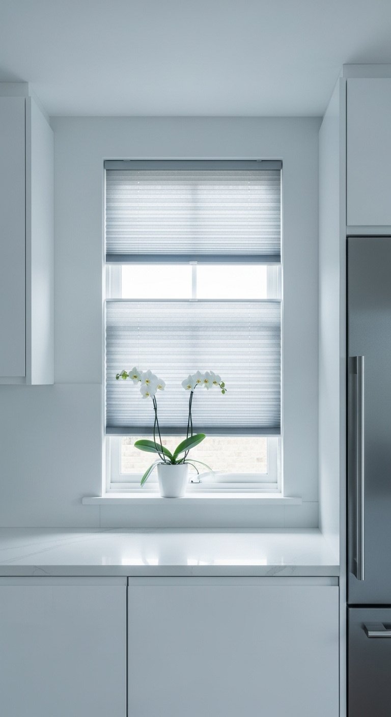 Light gray pleated shade fitted in small kitchen window covering bottom half with glossy white cabinets and orchid