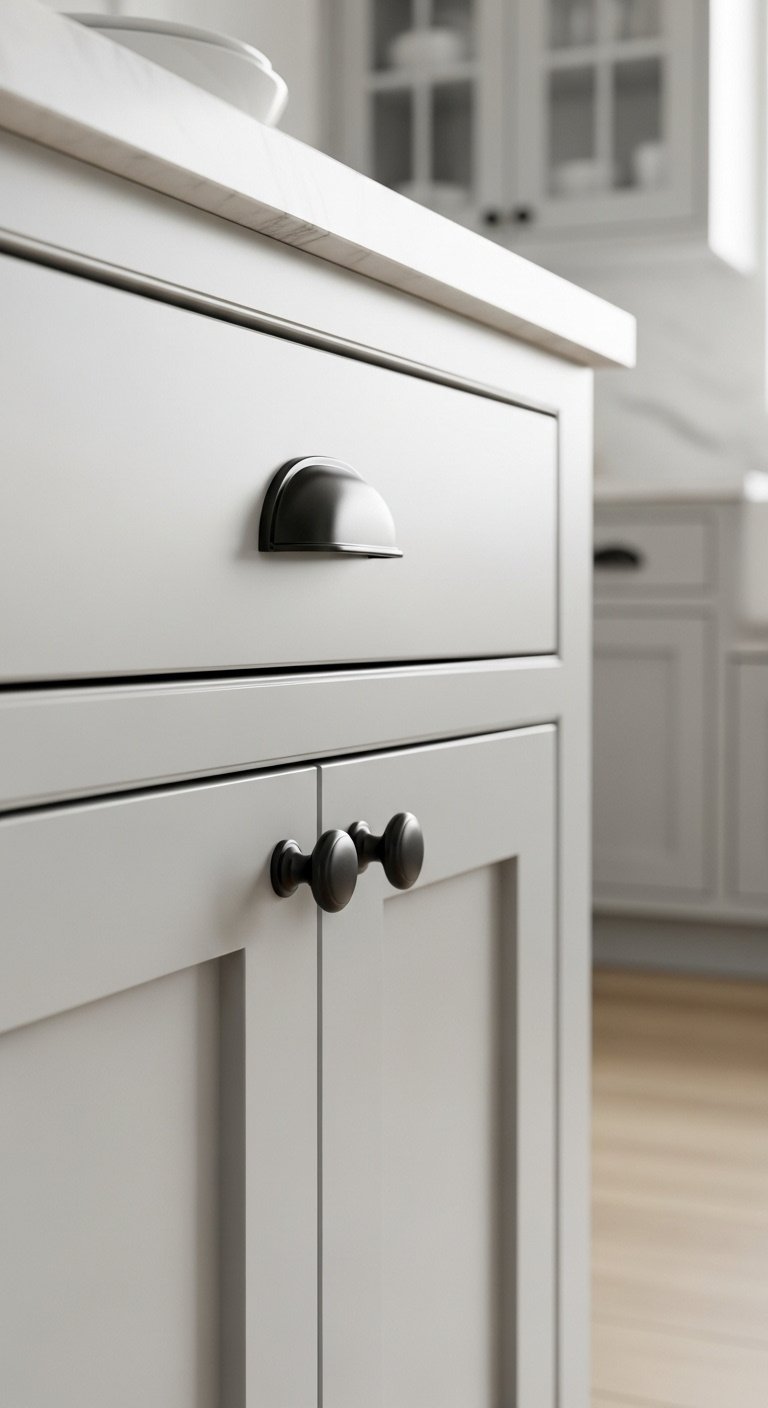 Light gray shaker cabinet door with a matte black cup pull handle in a modern farmhouse kitchen with a blurred oak floor