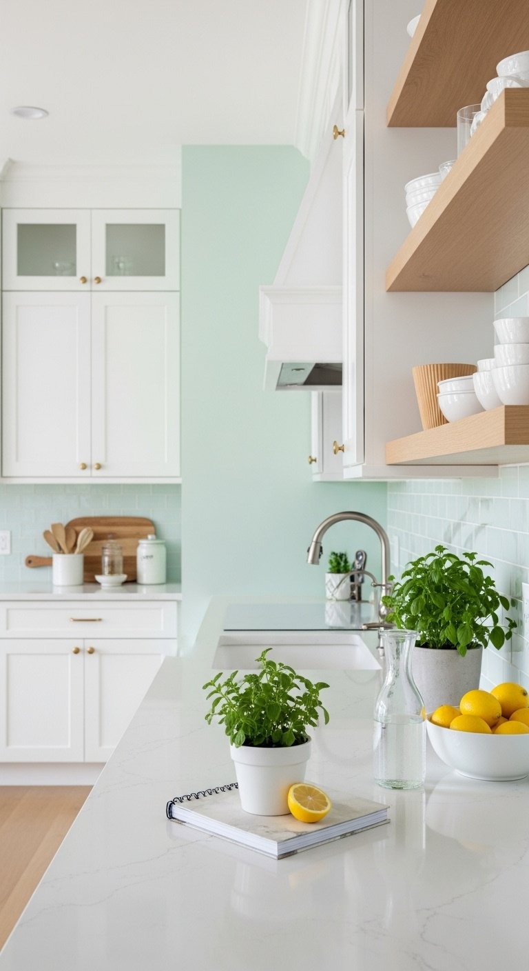 Light green kitchen walls in a bright galley kitchen with white shaker cabinets and natural wood open shelving