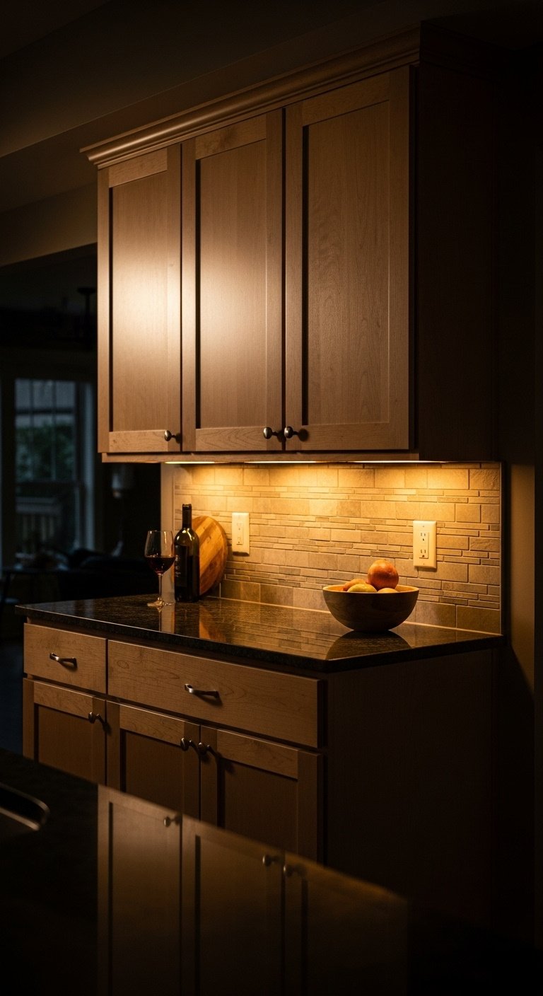 Light maple kitchen cabinets illuminated by warm under-cabinet LED lighting on a dark granite countertop