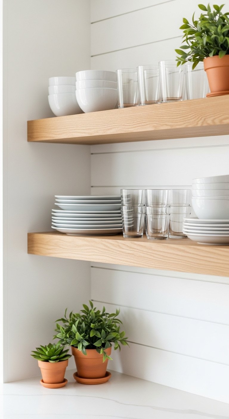 Light oak floating shelves styled with white ceramic plates glasses and green plants on shiplap wall