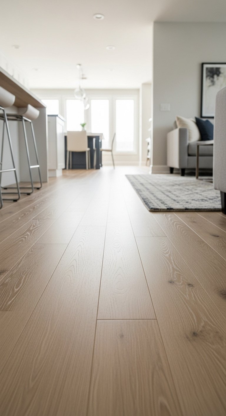 Light oak hardwood floor flowing seamlessly from a kitchen area into a living room area in an open concept home