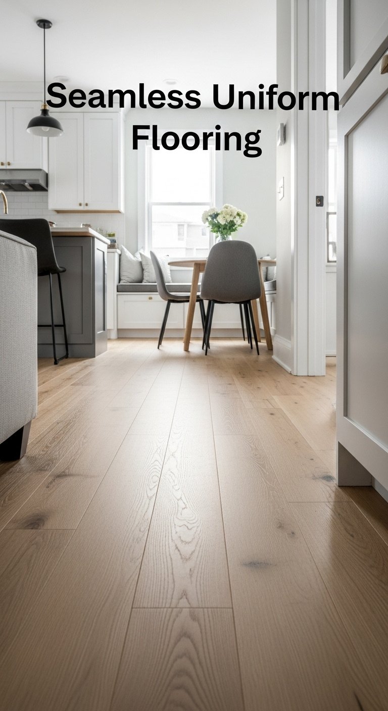 Light oak hardwood flooring flowing uninterrupted across an open-plan kitchen dining and living area