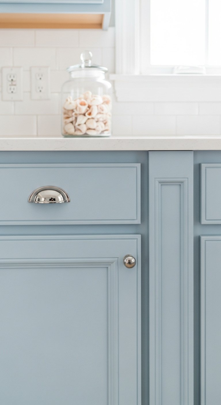 Light powder blue kitchen cabinet with polished nickel cup pull and white quartz countertop