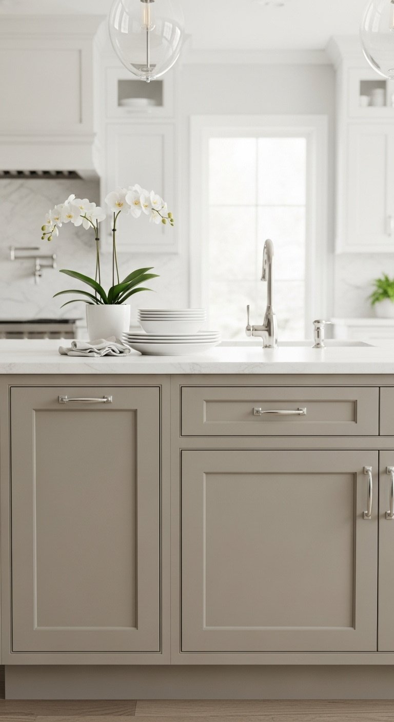 Light taupe shaker kitchen cabinets with white countertops and silver hardware in bright studio light