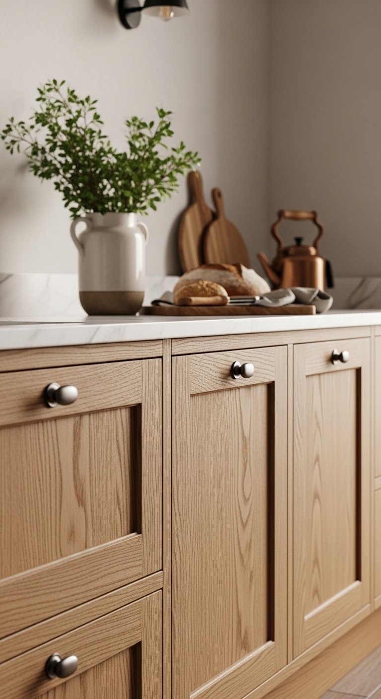 Light white oak Shaker cabinets with natural grain against white marble with greenery and copper kettle in a warm farmhouse kitchen