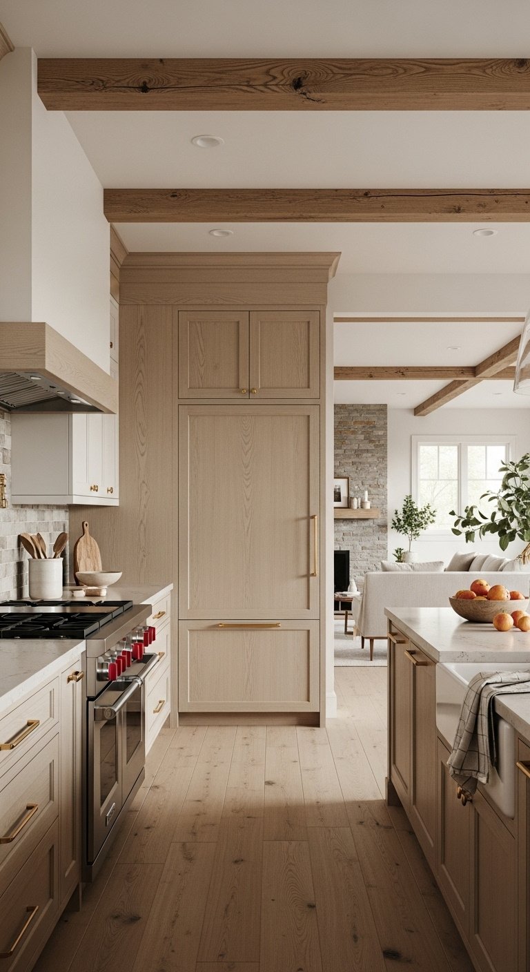 Lightly stained white oak cabinets with matching hardwood floors and rustic exposed ceiling beams in kitchen