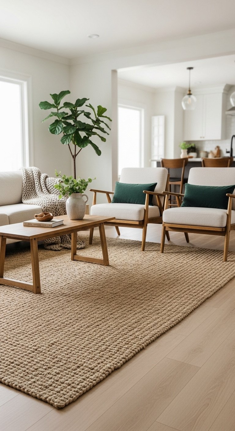 Living room area in an open floor plan with a large textured jute rug defining the space with a cream sofa