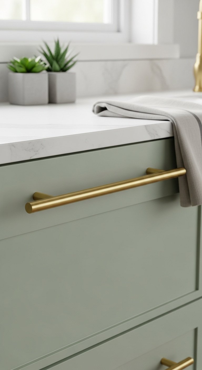 Long brushed brass cabinet pull mounted horizontally on a sage green drawer, showcasing 1/3 sizing rule, soft natural light