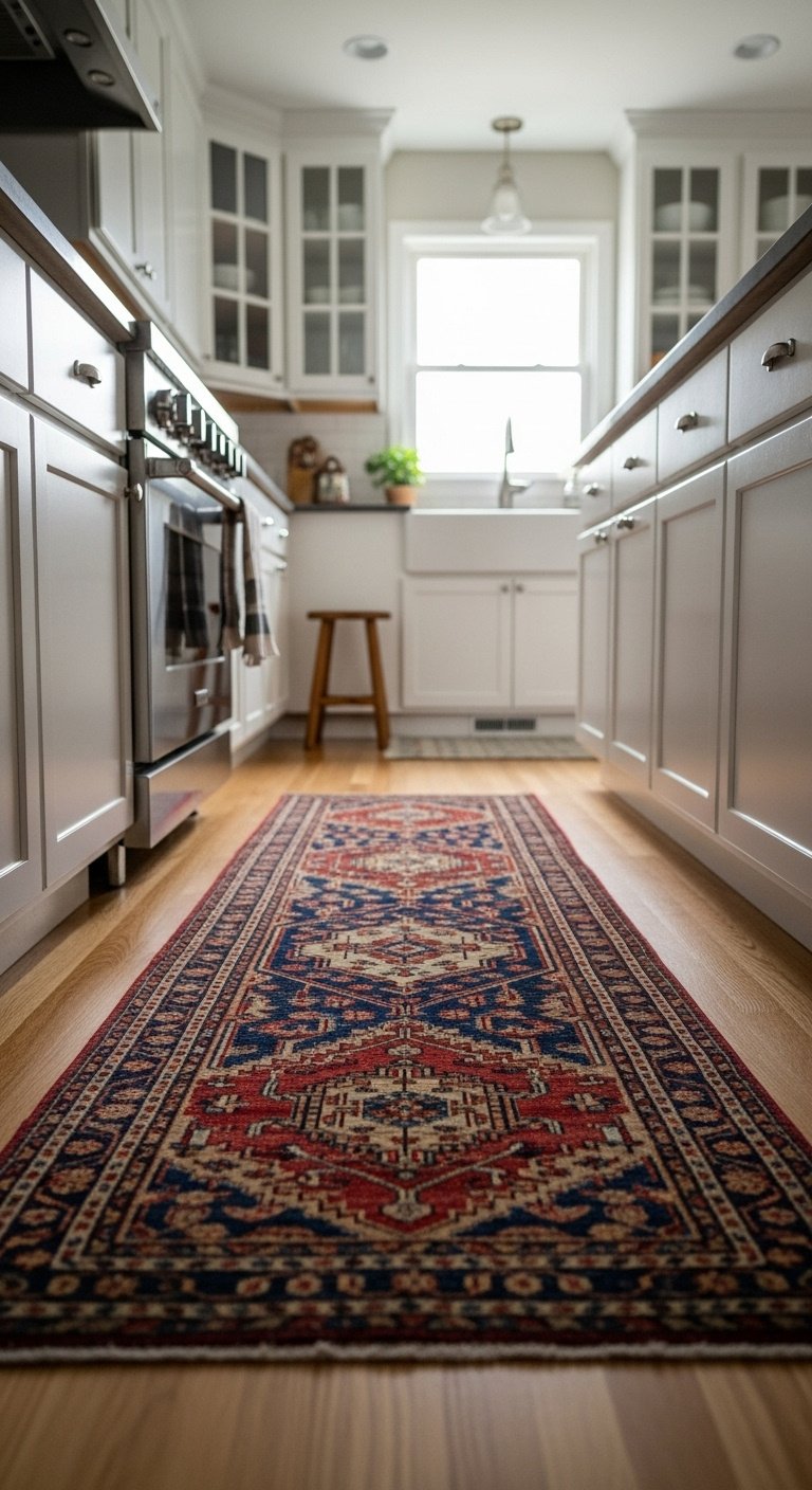 Long colorful vintage style runner rug laid down the center of a narrow galley kitchen with white cabinets and wood floor