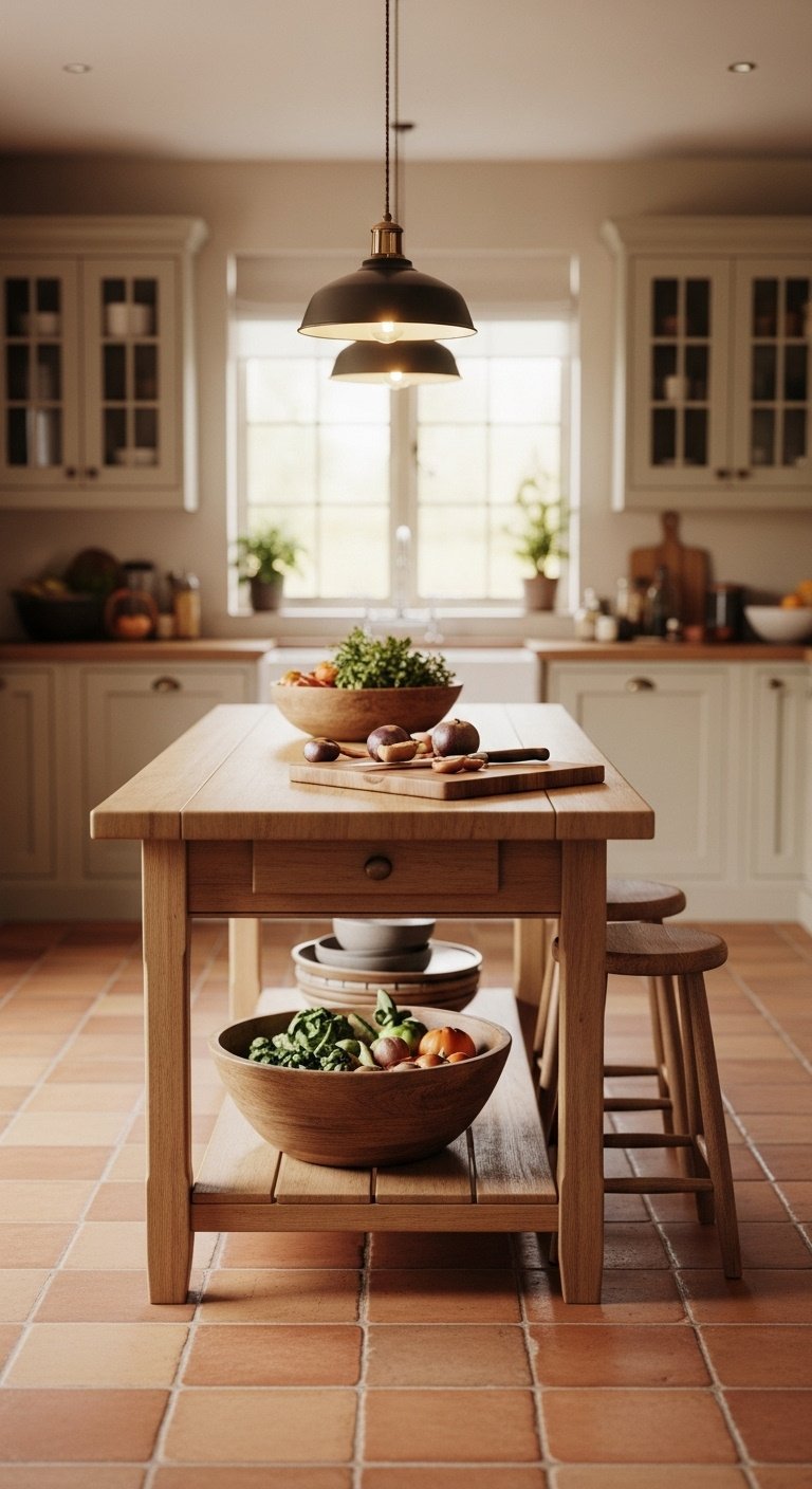 Long narrow vintage wood dining table serving as a kitchen island with produce cutting board and rustic stools