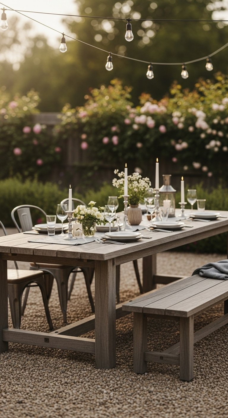 Long weathered teak farmhouse table on a gravel patio for al fresco dinner with wooden bench and string lights