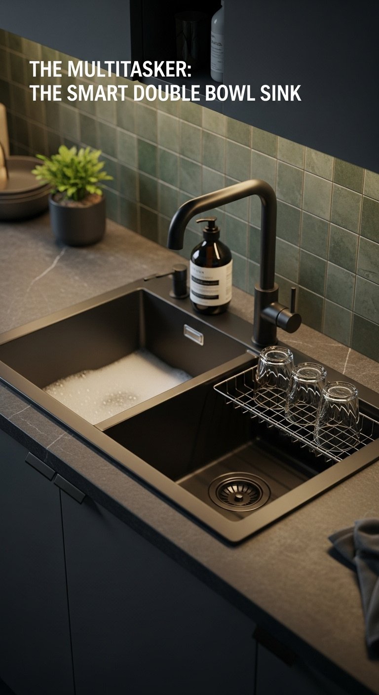 Low-divide gunmetal black double bowl undermount sink with soapy water and drying glasses on a dark gray soapstone countertop