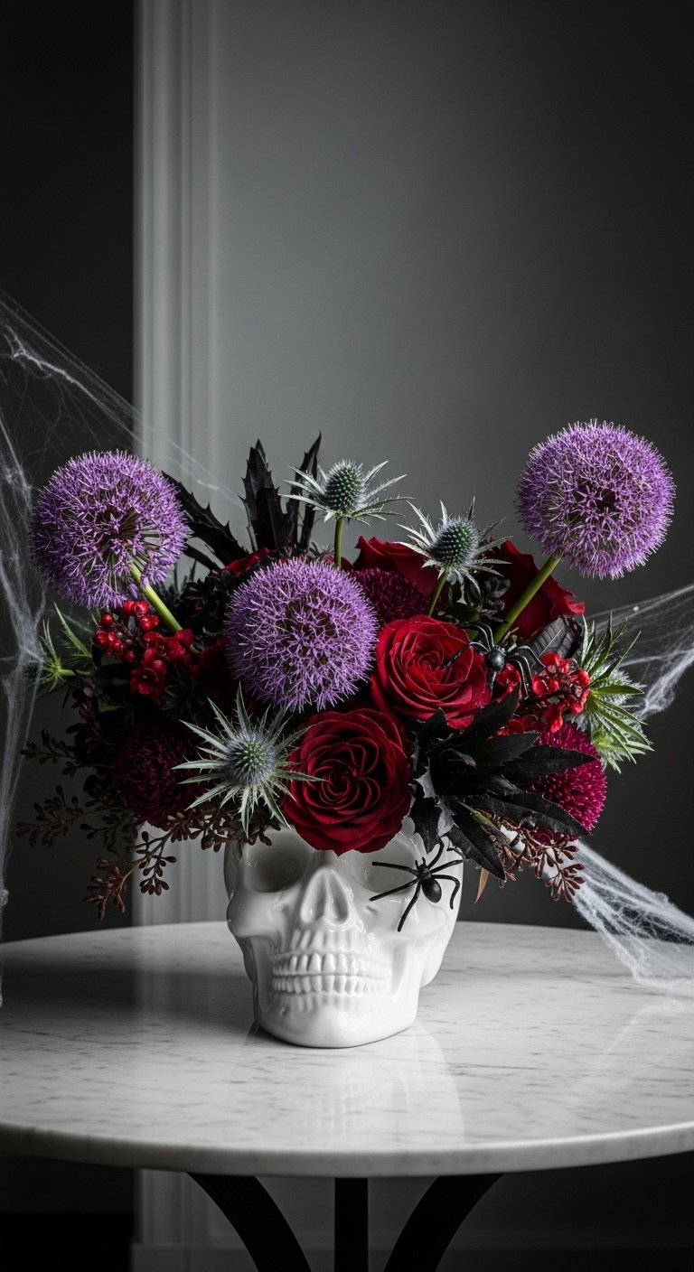 Lush dark floral arrangement in a white skull-shaped vase with black Baccara roses and spiky thistle