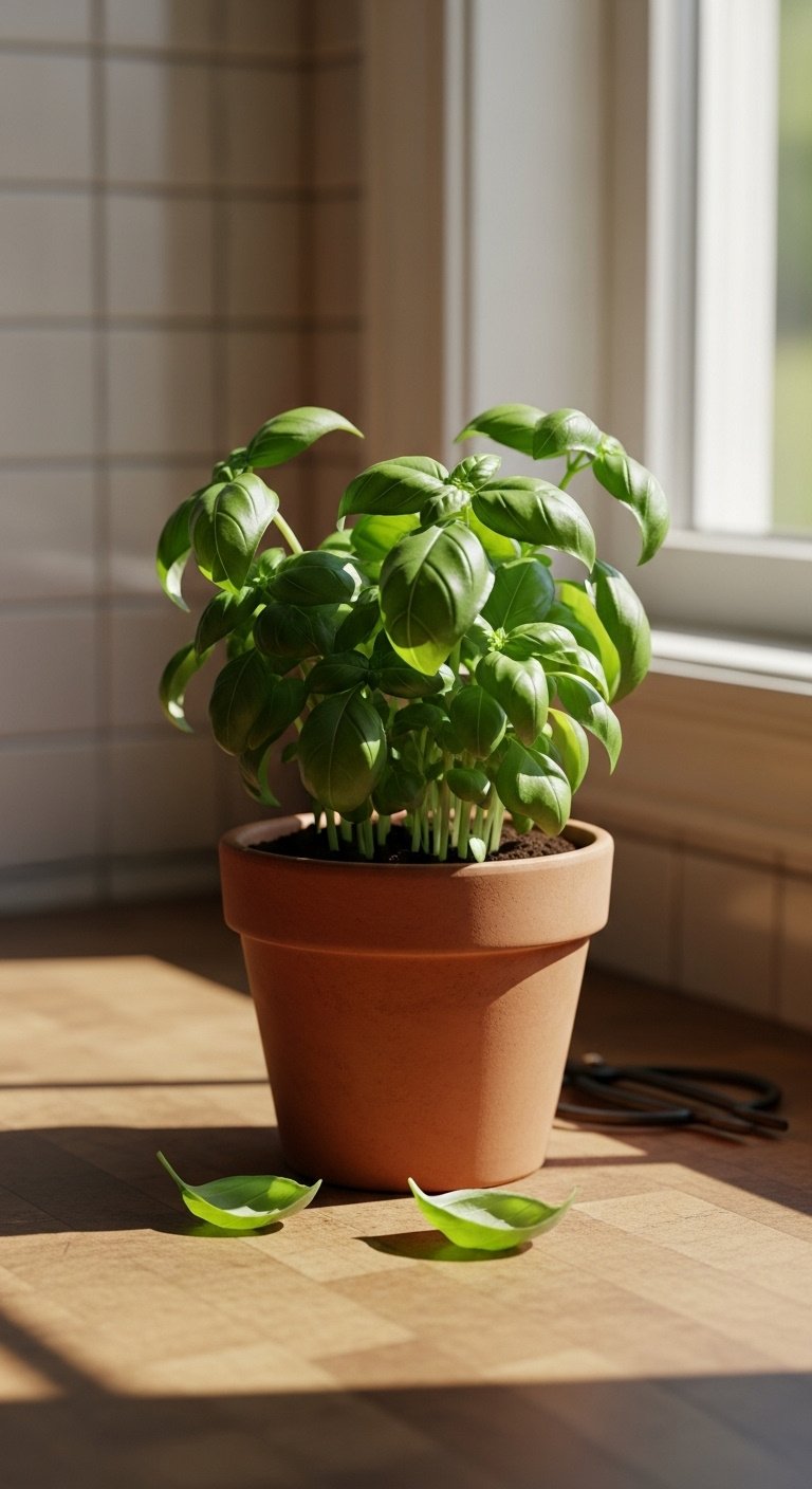 Lush green basil plant in a terracotta pot on a butcher block countertop in bright sunlight
