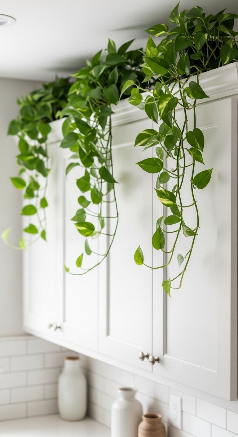 Lush green pothos plants with trailing vines elegantly draping from the top of clean white shaker style kitchen cabinets