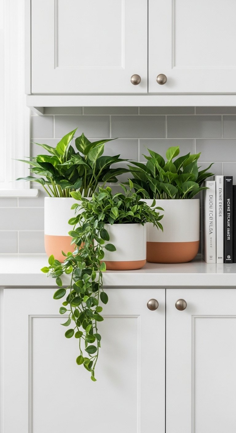 Lush greenery with trailing pothos plants in white and terracotta pots on white shaker kitchen cabinets with a cookbook