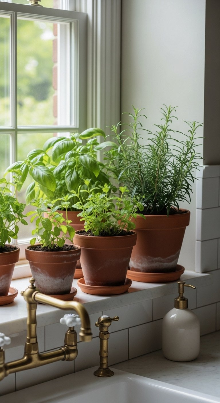 Lush windowsill herb garden with basil mint rosemary in terracotta pots on white marble by kitchen sink with brass faucet